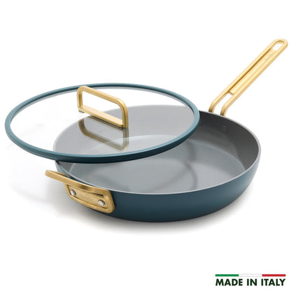 Venetian teal ceramic 12-inch frypan with gold handle and matching glass lid.
