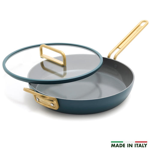 Venetian teal ceramic 12-inch frypan with gold handle and matching glass lid.