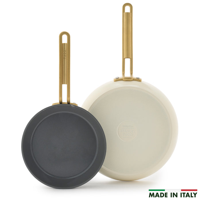 White ceramic 8-inch and 10-inch frypan set with gold handles, Carrara finish.