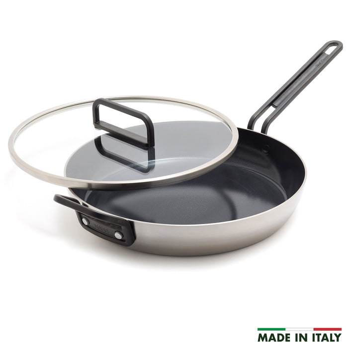 12-inch stainless steel frypan with ceramic nonstick surface, black handle, and matching lid.