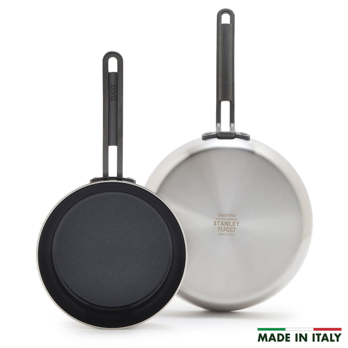 Set of two stainless steel frypans with black handles, ceramic nonstick coating, 8-inch and 10-inch sizes.