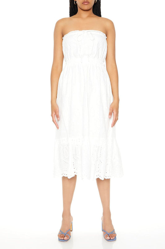 Strapless Eyelet Bow Midi Dress