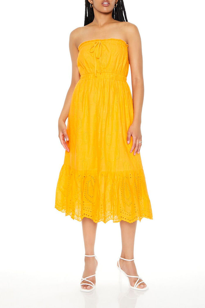 Strapless Eyelet Bow Midi Dress