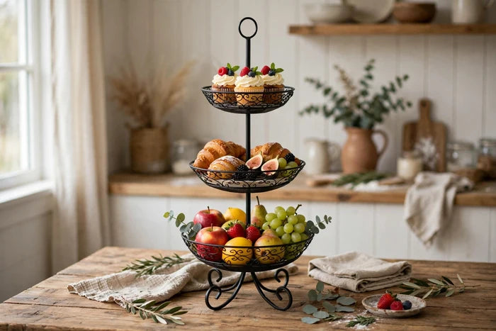 Black three-tier TableCraft display basket styled with cupcakes, pastries and fruit on a wooden kitchen table.