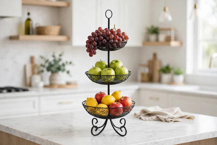 Black three-tier TableCraft display basket styled with grapes, apples and lemons on a bright kitchen counter.