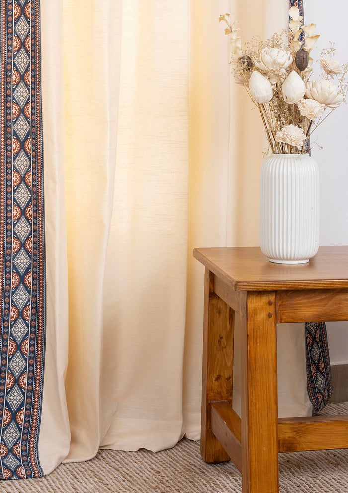 Tara Cream 100% Cotton Curtain with Trim for living room & bedroom - Light Reduction - Cream - Single Piece
