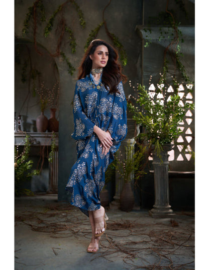 Teal chinon embroidered midi dress for evening wear in Singapore by Studio J