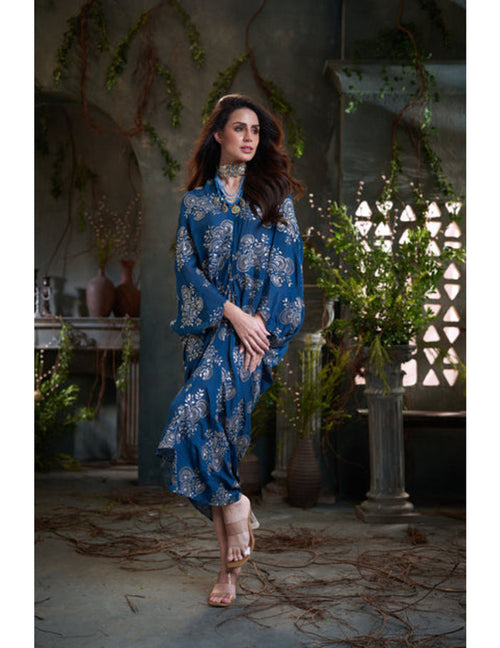 Teal chinon embroidered midi dress for evening wear in Singapore by Studio J