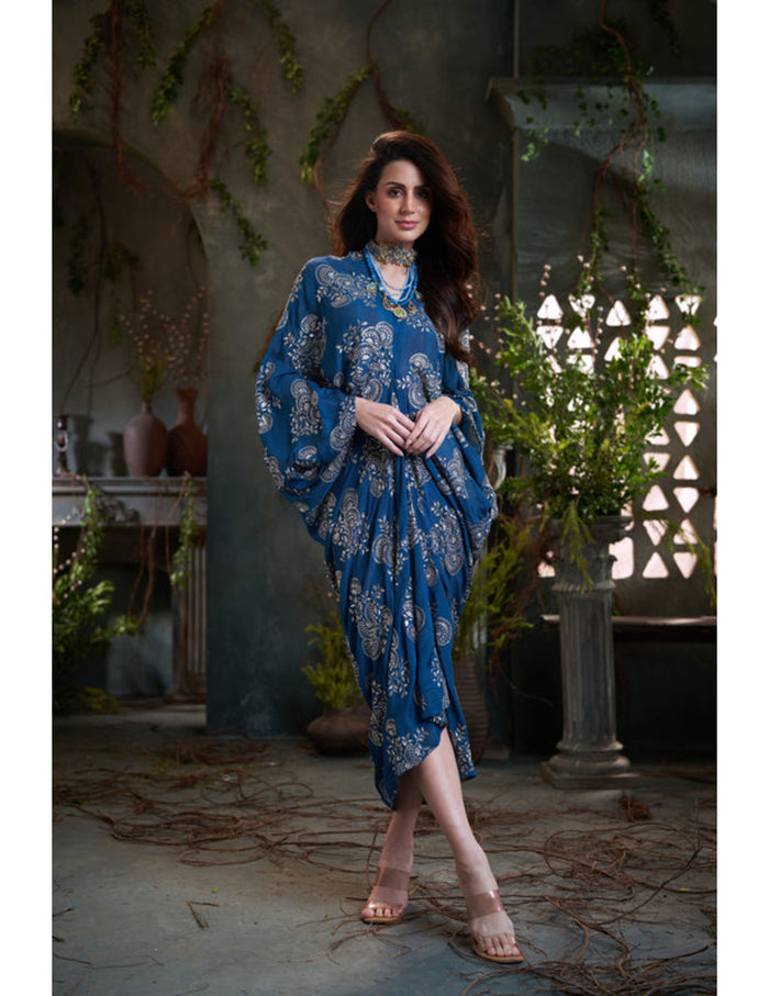 Teal chinon embroidered midi dress for evening wear in Singapore by Studio J