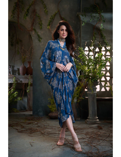 Teal chinon embroidered midi dress for evening wear in Singapore by Studio J