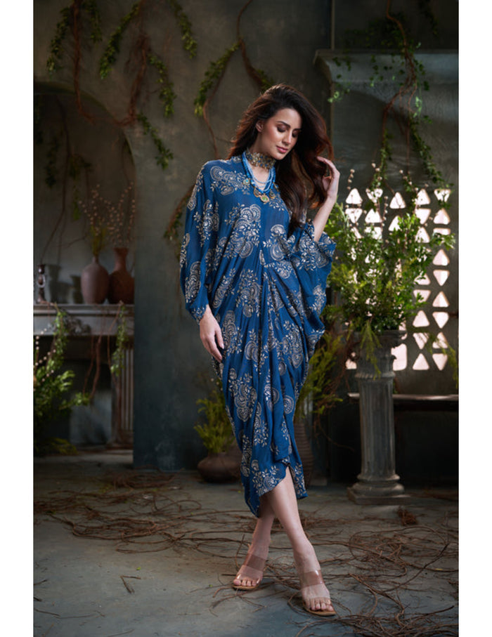 Teal chinon embroidered midi dress for evening wear in Singapore by Studio J