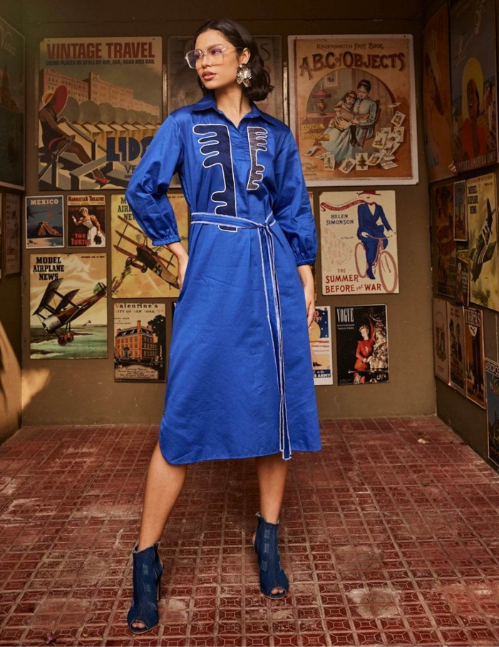 Textured Blue Shirt Dress