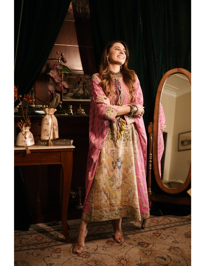 The Boozy Button Vishnu Pink Banarasi Cotton Kaftan Kurta Dress