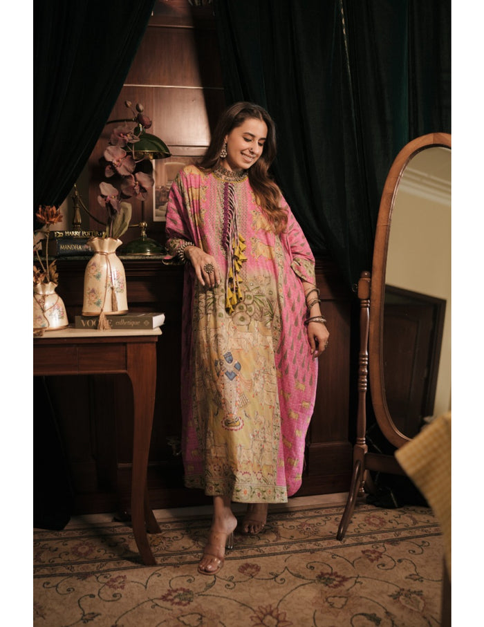 The Boozy Button Vishnu Pink Banarasi Cotton Kaftan Kurta Dress