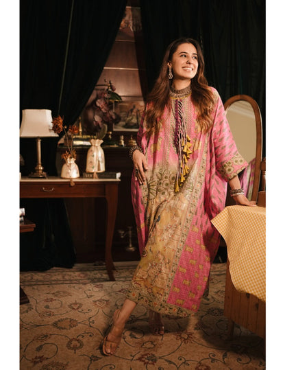 The Boozy Button Vishnu Pink Banarasi Cotton Kaftan Kurta Dress