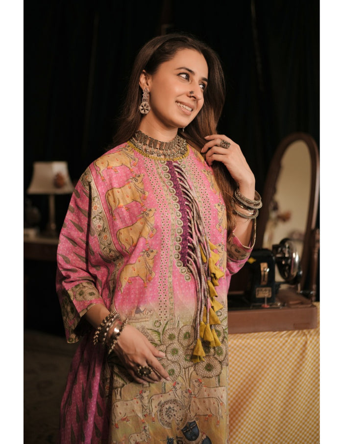 The Boozy Button Vishnu Pink Banarasi Cotton Kaftan Kurta Dress