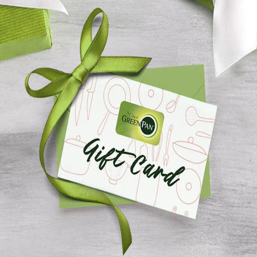 GreenPan e-gift card with green ribbon design on a white and green background.