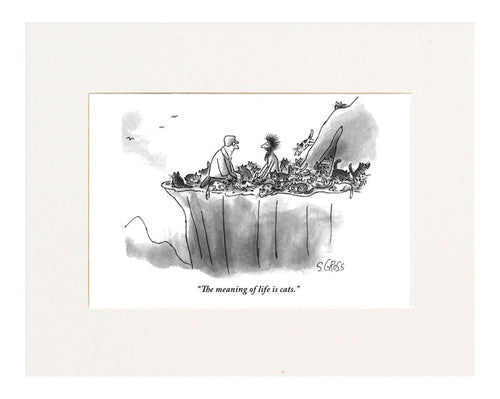 "The meaning of life is cats."  (Guru to man. They are both sitting on a mountain ledge that is swarming with cats.)"