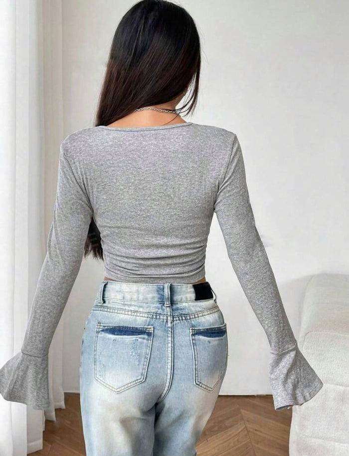 TIE FRONT CROPPED T-SHIRT AND FLARE SLEEVES