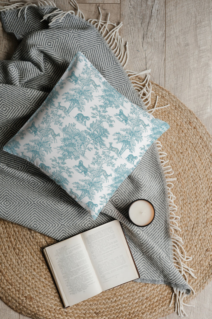 Tiger Forest Outdoor Pillows Chinoiserie Aqua Mint Toile