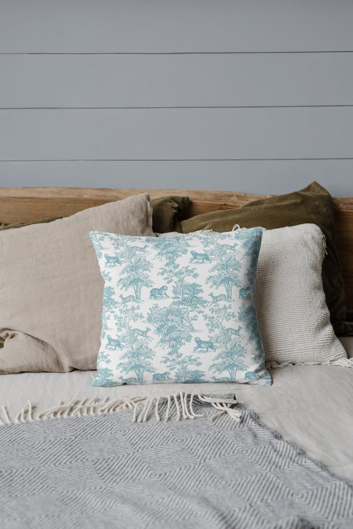 Tiger Forest Outdoor Pillows Chinoiserie Aqua Mint Toile