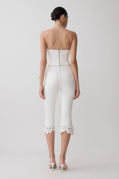 Tillie Flower Embroidery Denim Capris - White