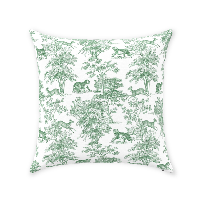 Toile de Jouy Cotton Throw Pillows Tropical Tiger Forest Green