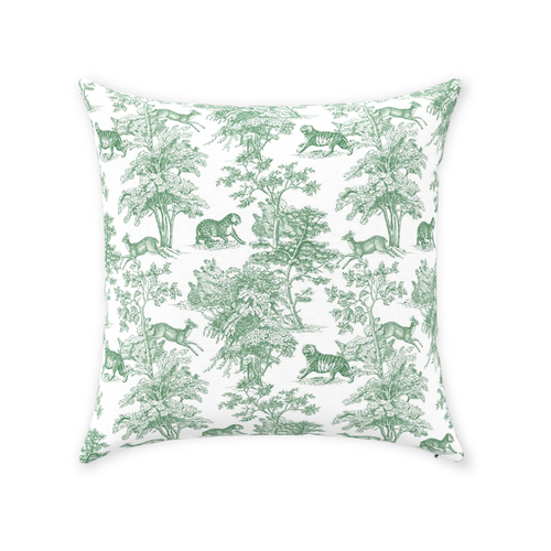 Toile de Jouy Cotton Throw Pillows Tropical Tiger Forest Green