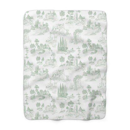 Toile de Jouy Sage Green Fleece Lined Blanket