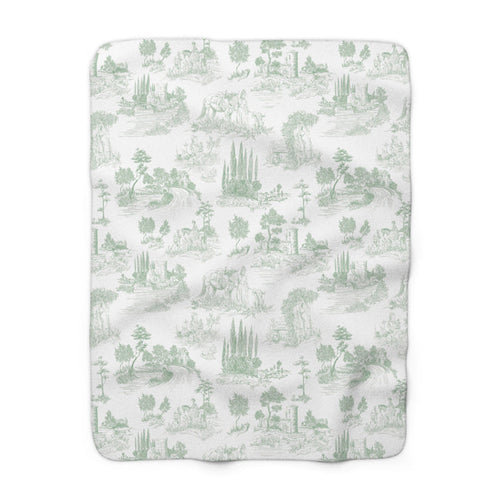Toile de Jouy Sage Green Fleece Lined Blanket