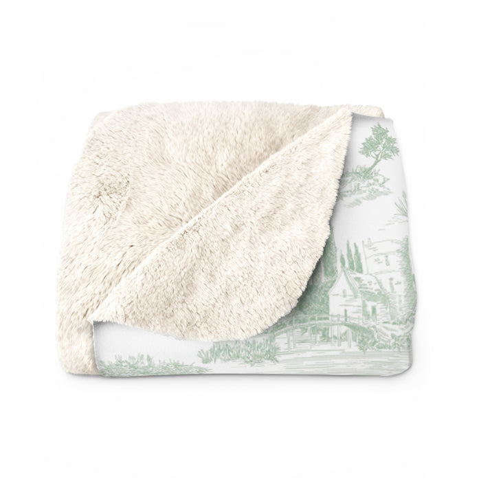 Toile de Jouy Sage Green Fleece Lined Blanket