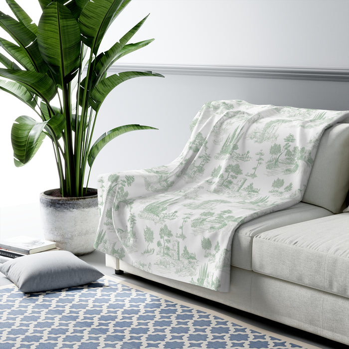 Toile de Jouy Sage Green Fleece Lined Blanket