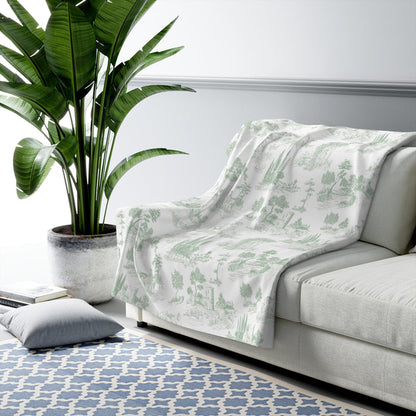 Toile de Jouy Sage Green Fleece Lined Blanket