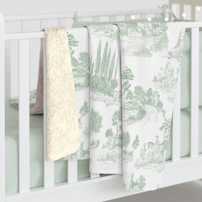 Toile de Jouy Sage Green Fleece Lined Blanket