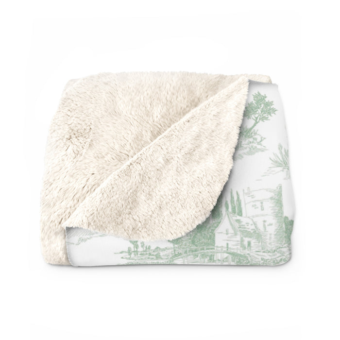Toile de Jouy Sage Green Fleece Lined Blanket