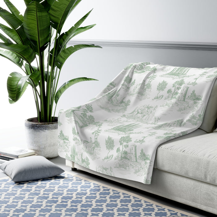 Toile de Jouy Sage Green Fleece Lined Blanket