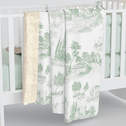 Toile de Jouy Sage Green Fleece Lined Blanket