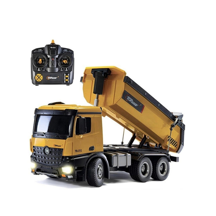 Catalog image of yellow Top Race TR-212 remote-control dump truck with raised bed and black controller.