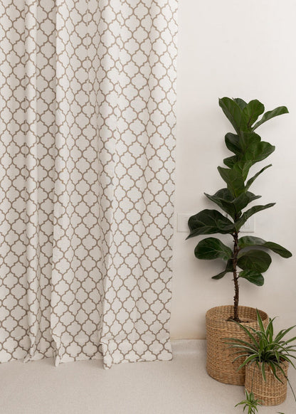 Trellis Printed Walnut Grey 100% cotton geometric curtain for bed room - Light Reduction - Single Piece