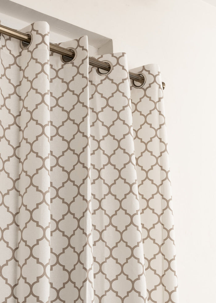 Trellis Printed Walnut Grey 100% cotton geometric curtain for bed room - Light Reduction - Single Piece