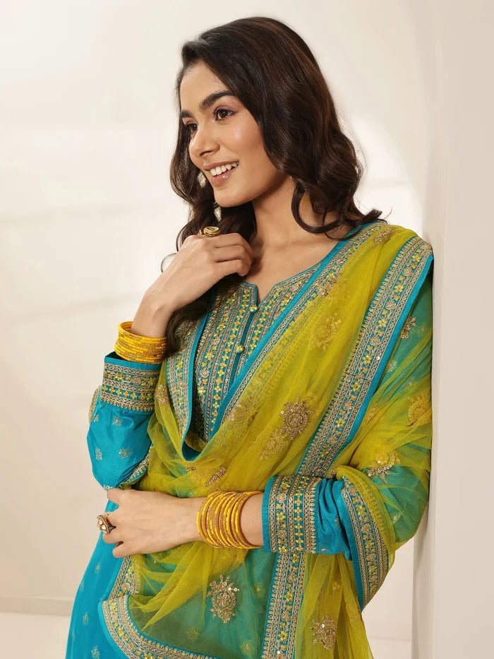Turquoise blue Silk Suit Set