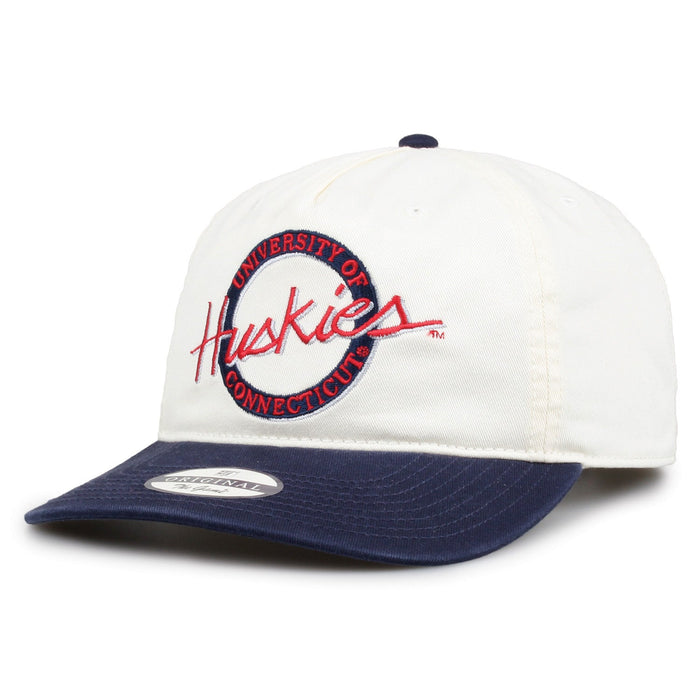 UConn Original Circle snapback hat showing embroidered front design and brim, angled view