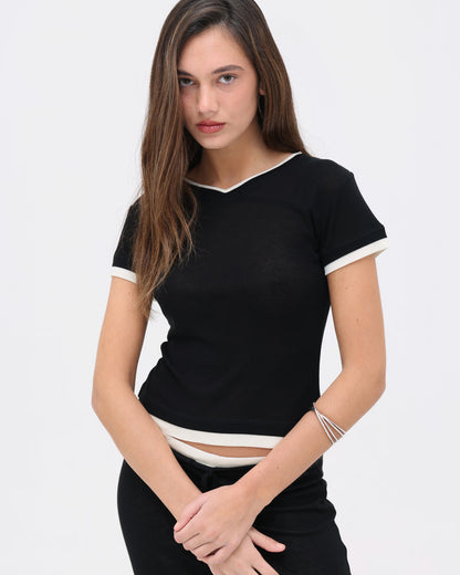 V Neck Tee - Black / Cream