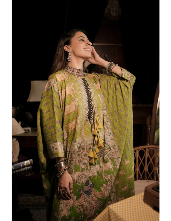 Vishnu Green Banarasi Cotton Kaftan Kurta Dress