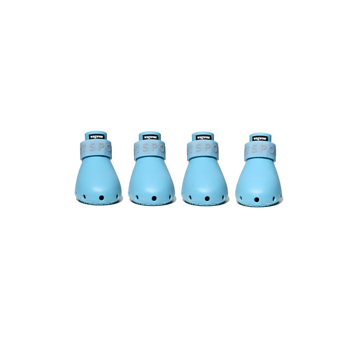 Four blue pet boots with brand name on a white background