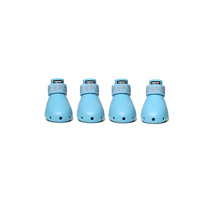Four blue pet boots with brand name on a white background