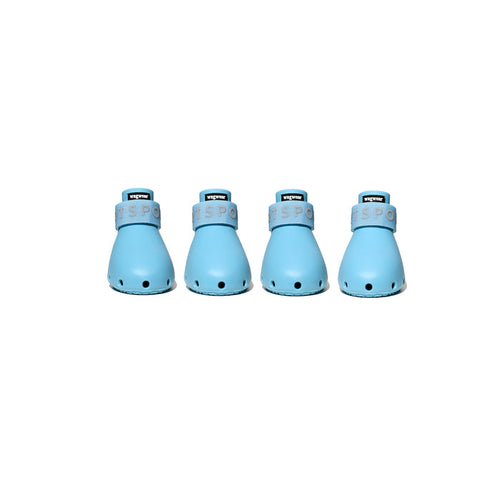 Four blue pet boots with brand name on a white background