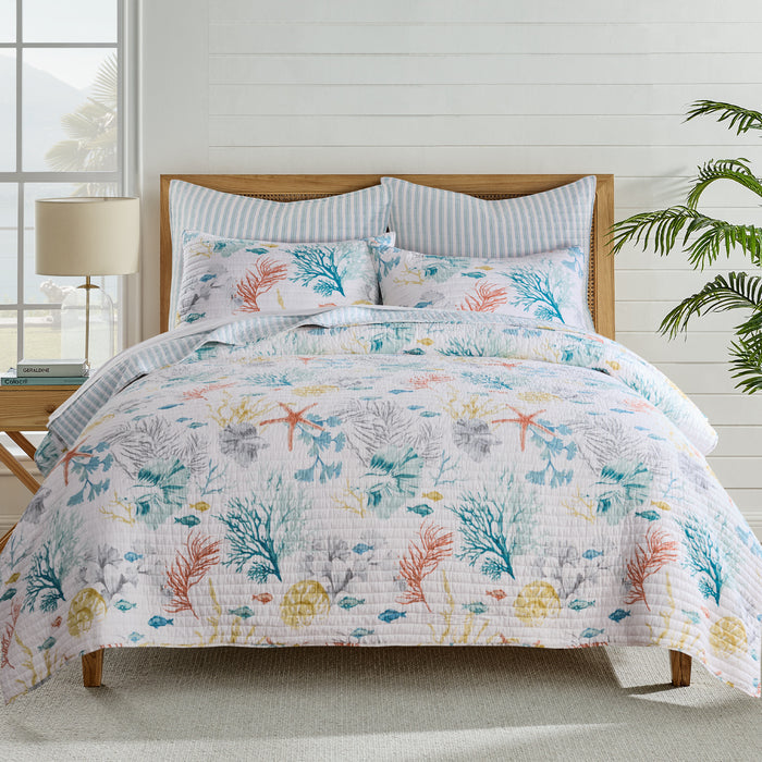 Bed with floral-patterned bedding in a bright room with plants and a lamp.