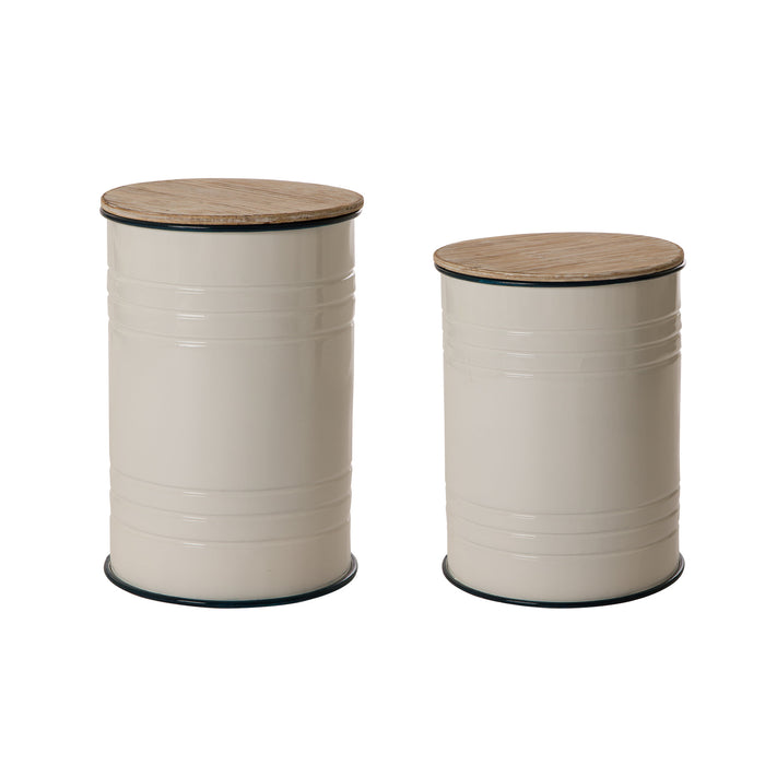 White Farmhouse Metal Enamel Storage Accent Table or Stool with Round Wood Lid, Set of 2