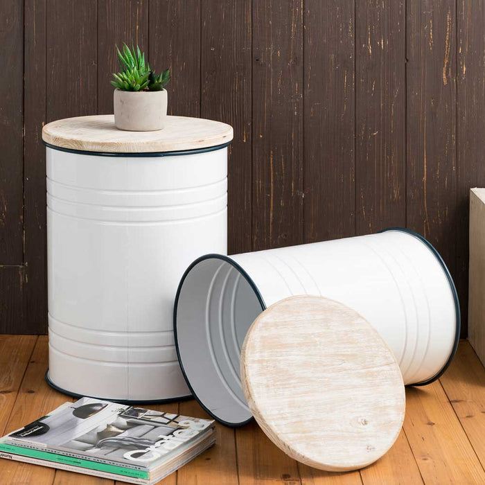 White Farmhouse Metal Enamel Storage Accent Table or Stool with Round Wood Lid, Set of 2